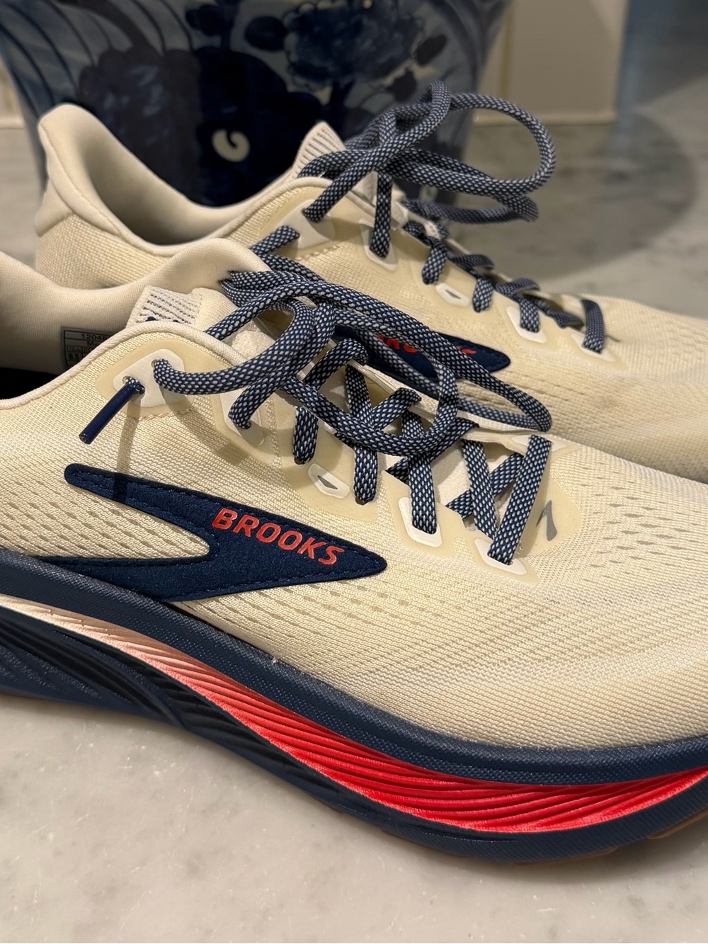 Brooks Women’s Ghost 18 USA Running Shoes - Cream with Navy & Red Accents